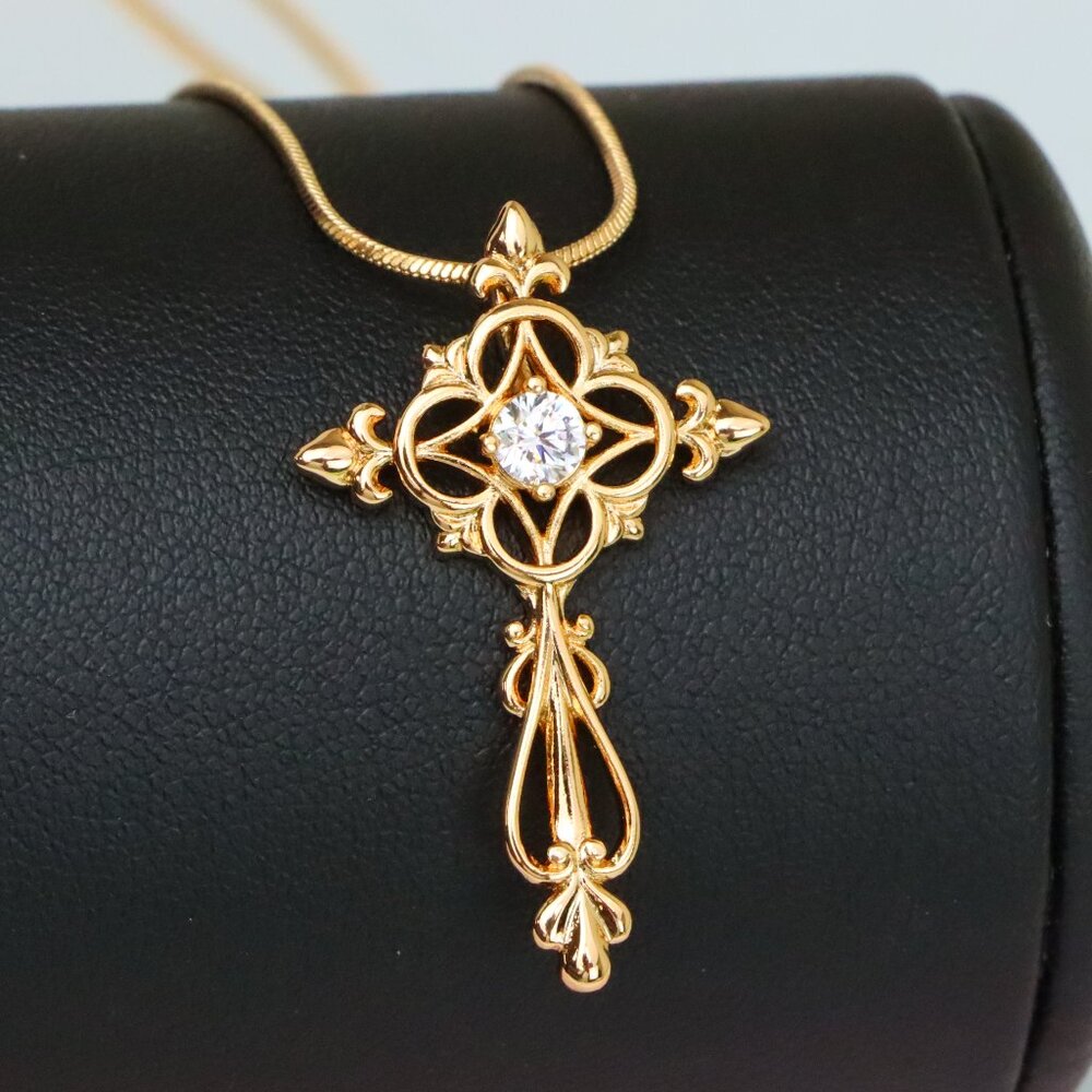 "Ornate Rose Gold Cross Pendant with Intricate Detailing and CZ Center, XPPT1841
